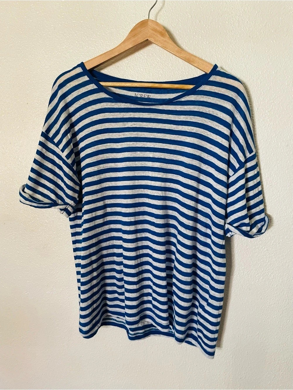J.Crew Linen roll-cuff crewneck T-shirt in stripe Size Large Blue & White